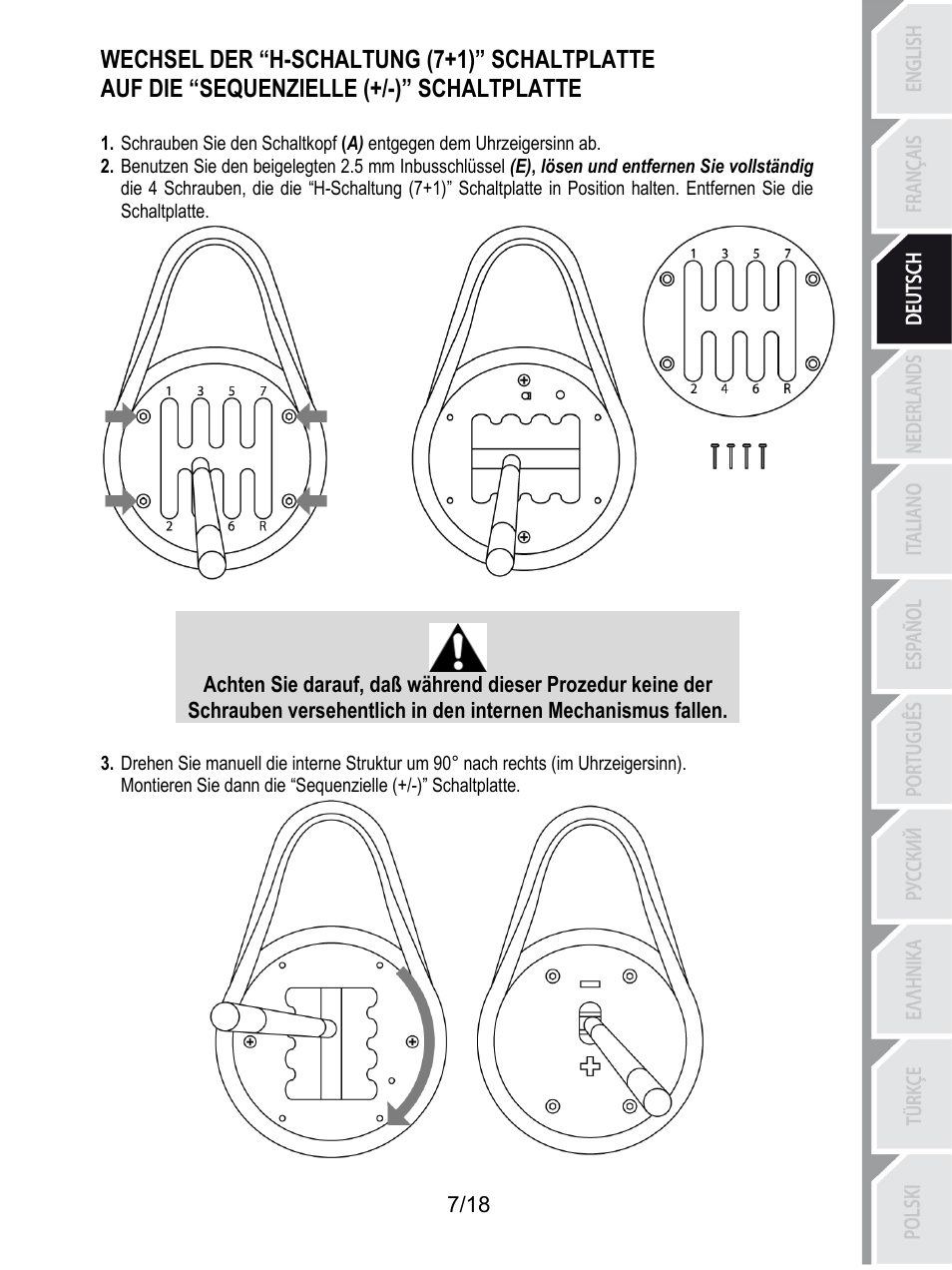 Wechsel der “h-schaltung (7+1)” schaltplatte, Auf die “sequenzielle (+/-)” schaltplatte | Thrustmaster TH8A Shifter User Manual | Page 44 / 217