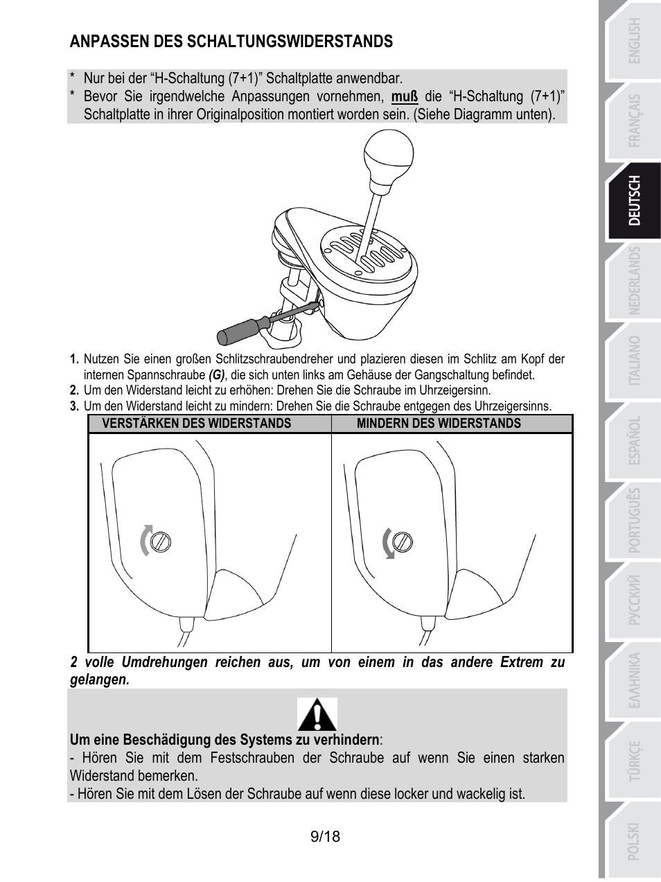 Anpassen des schaltungswiderstands, Mindern des widerstands, Verstärken des widerstands | Um eine beschädigung des systems zu verhindern | Thrustmaster TH8A Shifter User Manual | Page 46 / 217