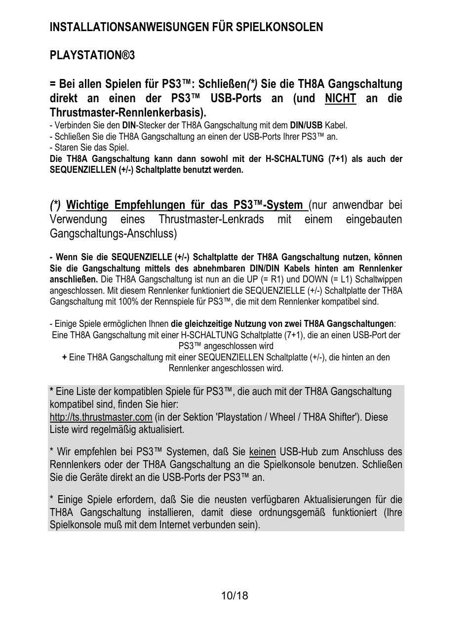 Installationsanweisungen für spielkonsolen, Playstation®3, Staren sie das spiel | Thrustmaster TH8A Shifter User Manual | Page 47 / 217