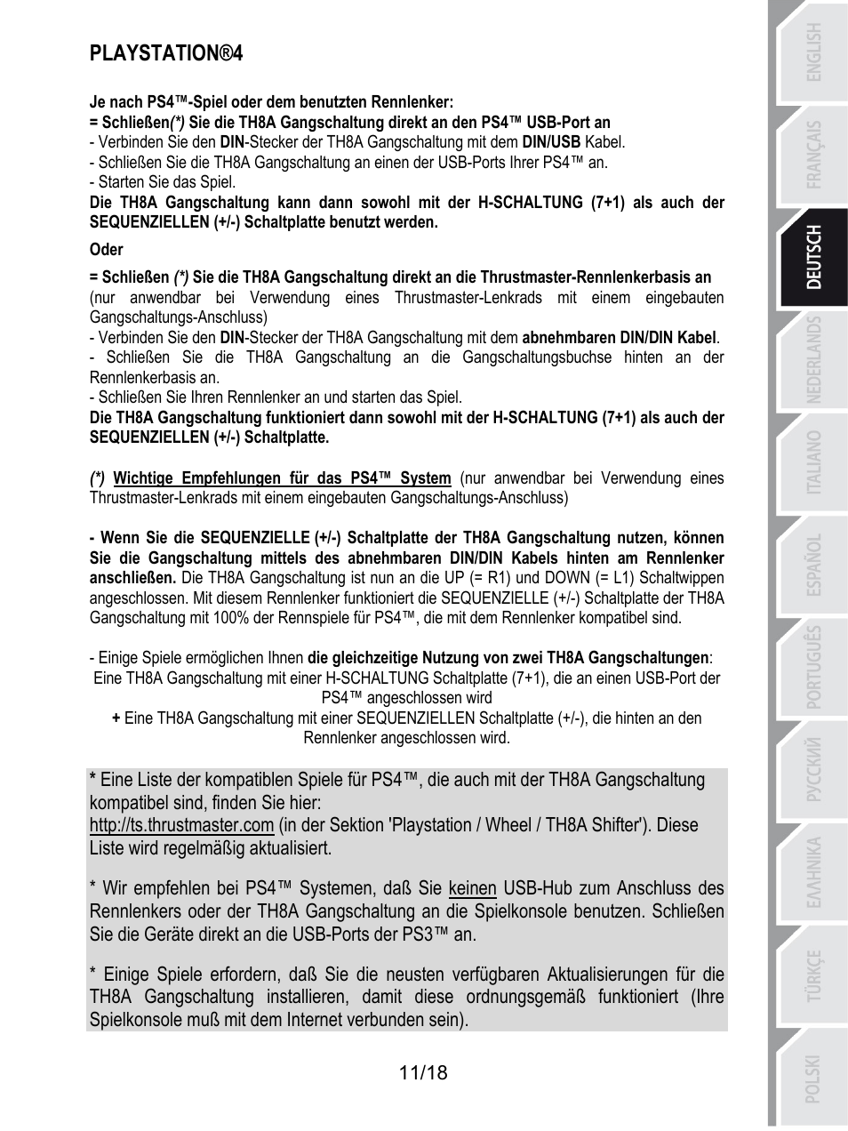 Playstation®4, Je nach ps4™-spiel oder dem benutzten rennlenker, Starten sie das spiel | Oder | Thrustmaster TH8A Shifter User Manual | Page 48 / 217