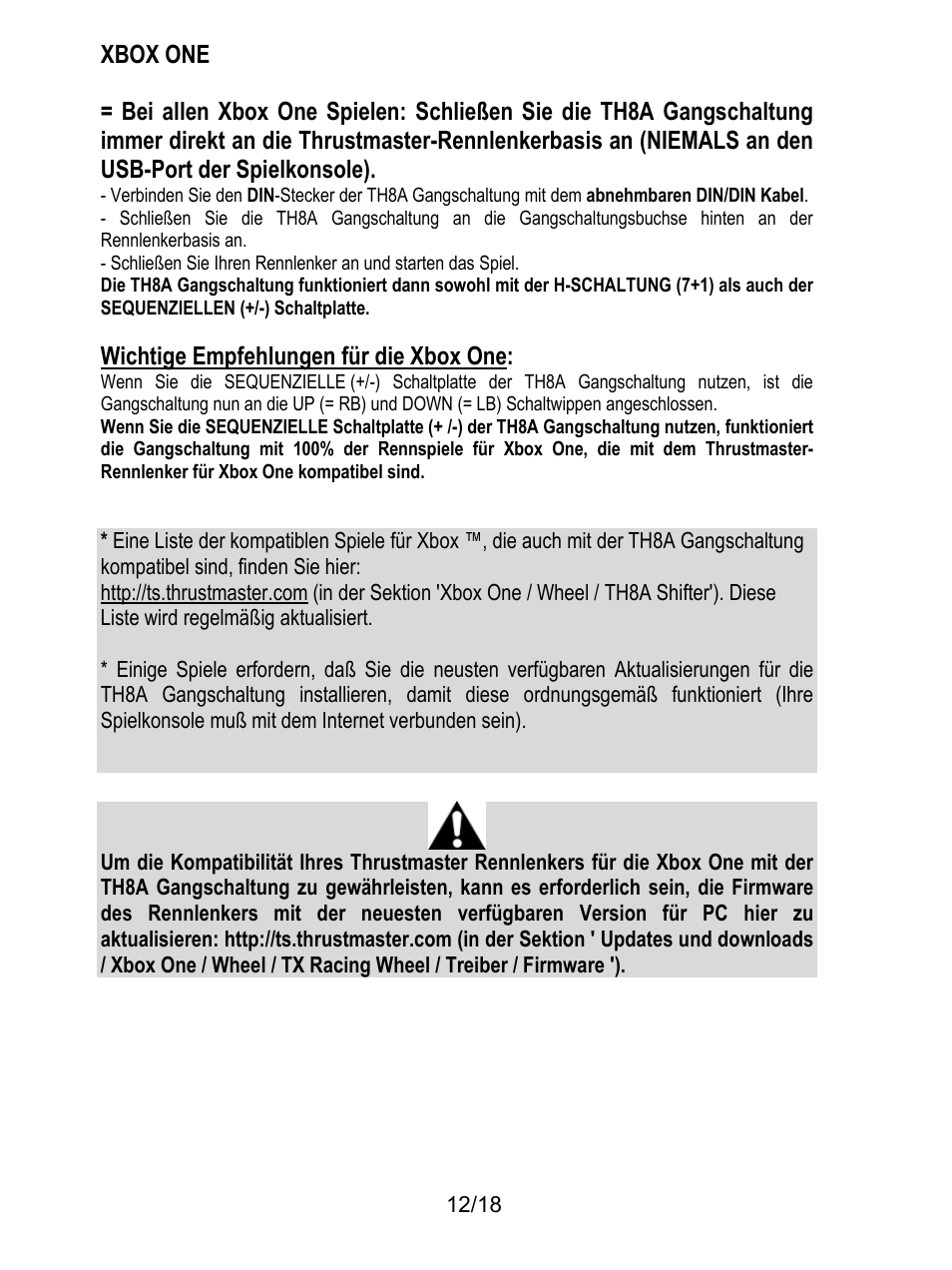 Xbox one, Wichtige empfehlungen für die xbox one | Thrustmaster TH8A Shifter User Manual | Page 49 / 217