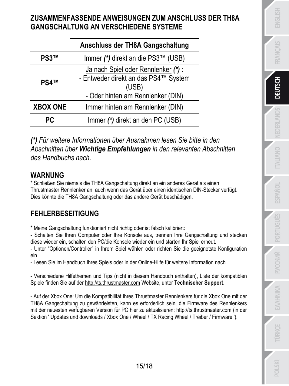 Anschluss der th8a gangschaltung, Immer (*) direkt an die ps3™ (usb), Ja nach spiel oder rennlenker (*) | Entweder direkt an das ps4™ system (usb), Oder hinten am rennlenker (din), Immer hinten am rennlenker (din), Xbox one, Immer (*) direkt an den pc (usb), Warnung, Fehlerbeseitigung | Thrustmaster TH8A Shifter User Manual | Page 52 / 217