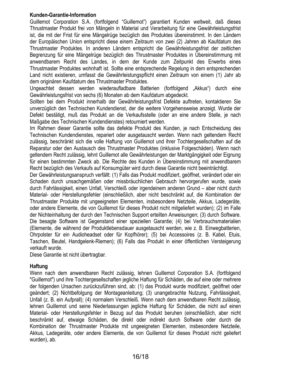 186bhaftung, Kunden-garantie-information, Diese garantie ist nicht übertragbar | Haftung | Thrustmaster TH8A Shifter User Manual | Page 53 / 217