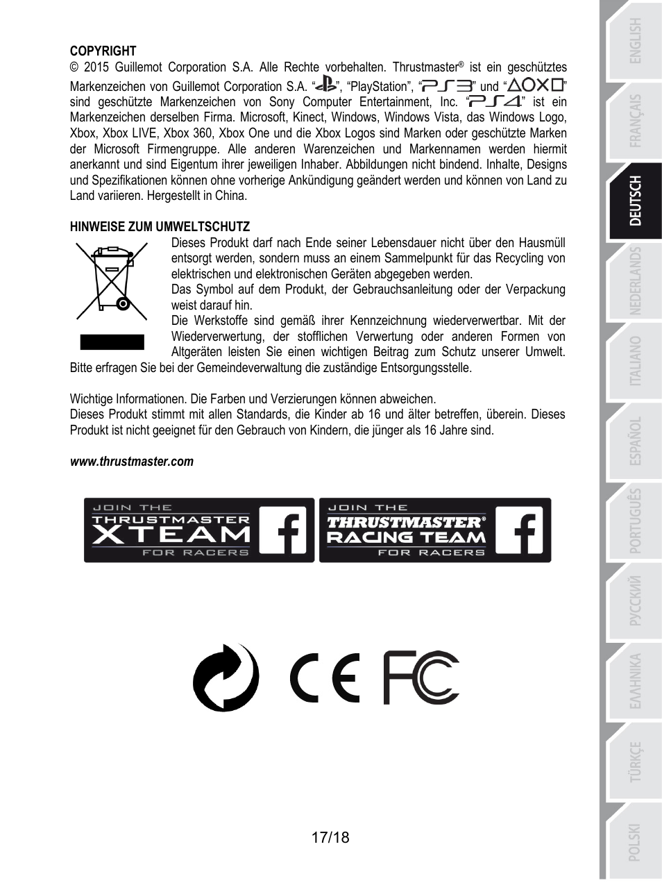 Copyright, Hinweise zum umweltschutz, Www.thrustmaster.com | Thrustmaster TH8A Shifter User Manual | Page 54 / 217