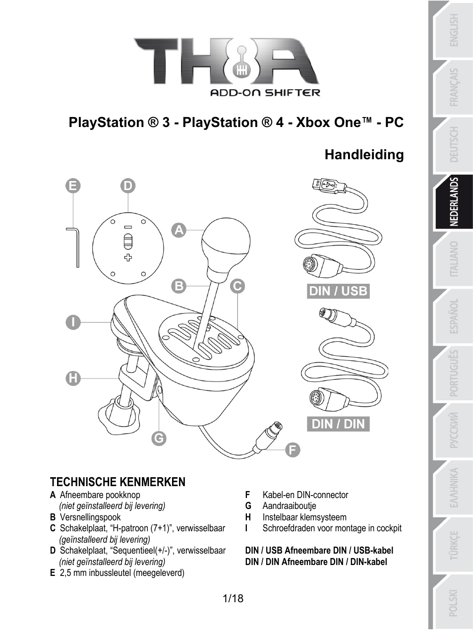 Ned_th8a_v2, Playstation ® 3 - playstation ® 4 - xbox one™ - pc, Handleiding | Technische kenmerken, F kabel-en din-connector, A afneembare pookknop, G aandraaiboutje, Niet geïnstalleerd bij levering), H instelbaar klemsysteem, B versnellingspook | Thrustmaster TH8A Shifter User Manual | Page 56 / 217