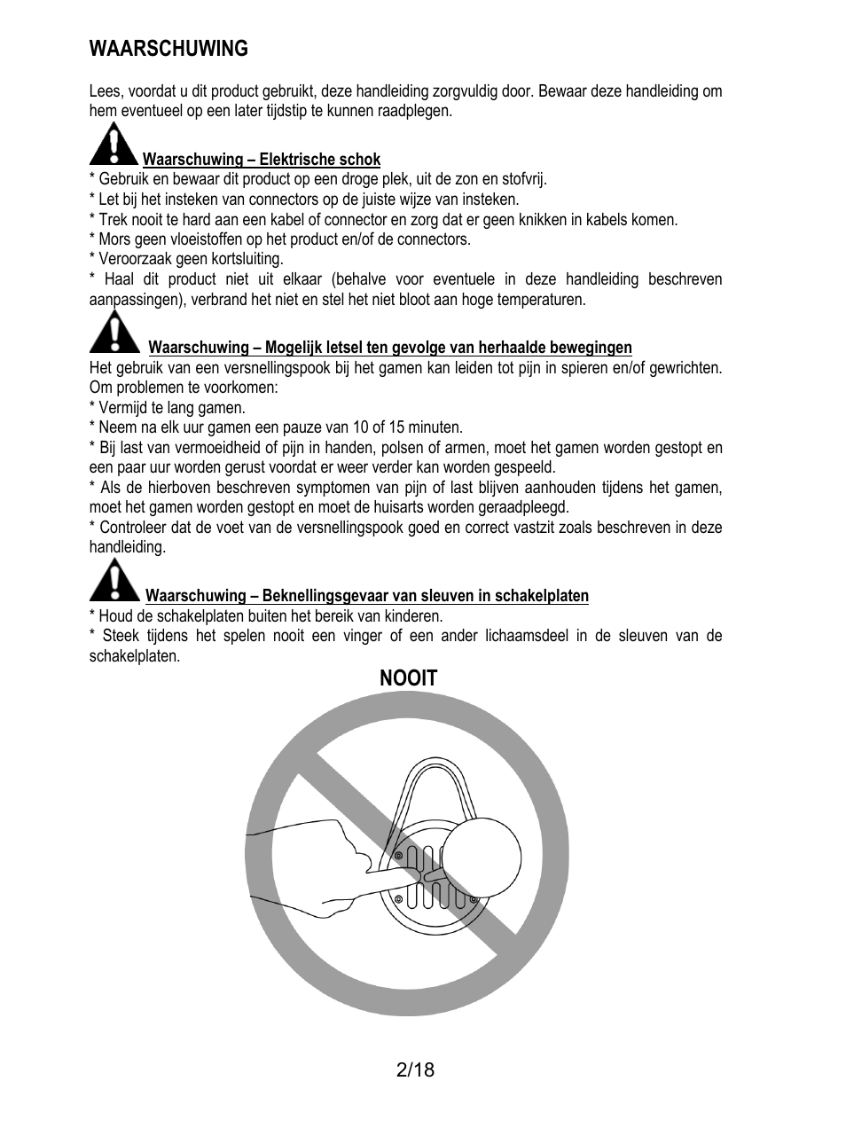 Waarschuwing, Waarschuwing – elektrische schok, Veroorzaak geen kortsluiting | Vermijd te lang gamen, Nooit | Thrustmaster TH8A Shifter User Manual | Page 57 / 217