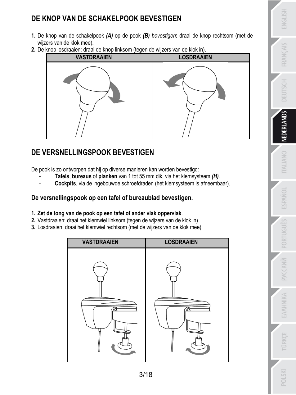 De knop van de schakelpook bevestigen, Losdraaien, Vastdraaien | De versnellingspook bevestigen | Thrustmaster TH8A Shifter User Manual | Page 58 / 217