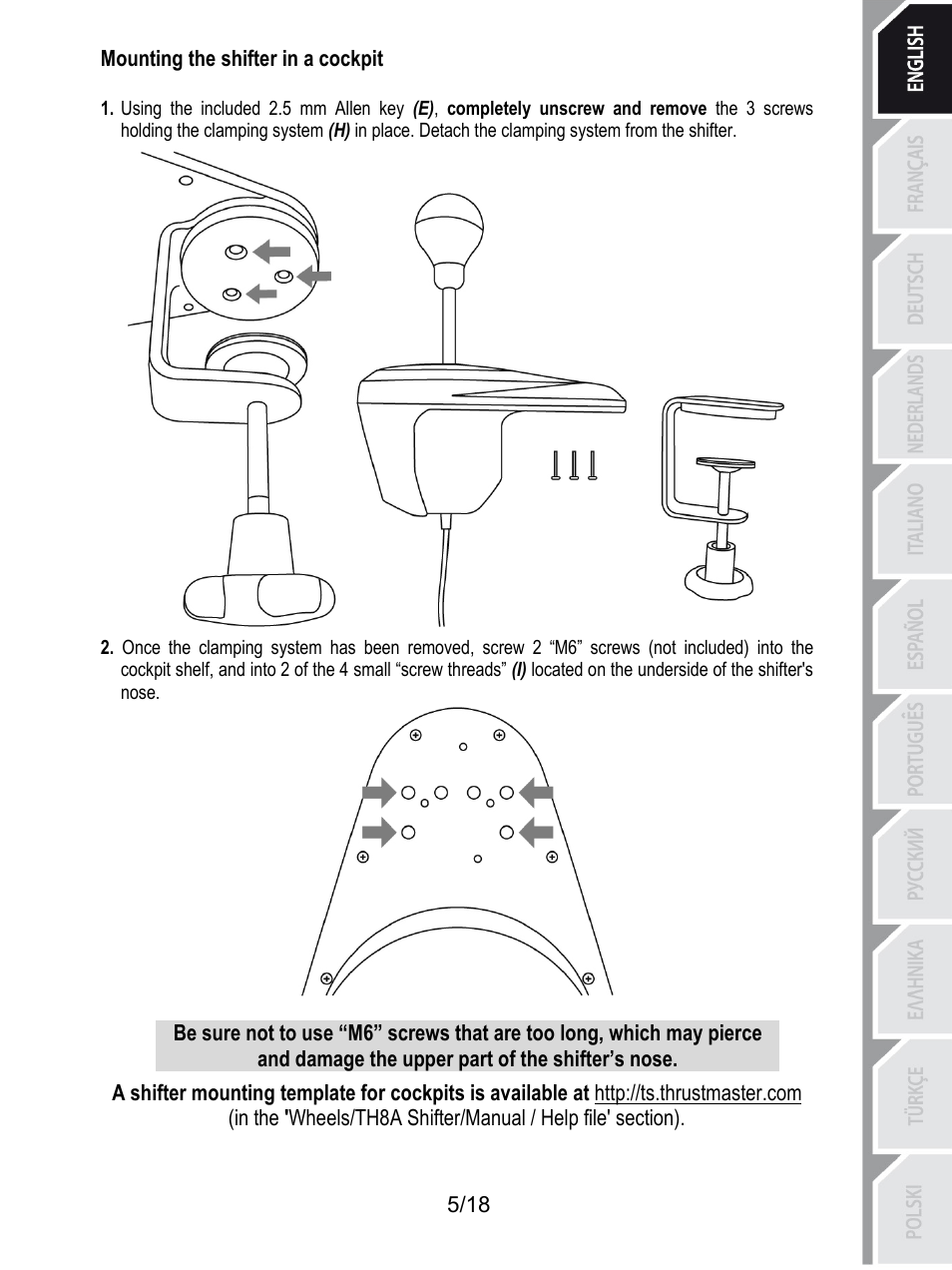 Mounting the shifter in a cockpit, And damage the upper part of the shifter’s nose | Thrustmaster TH8A Shifter User Manual | Page 6 / 217