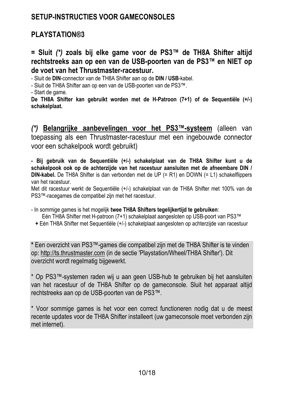 Setup-instructies voor gameconsoles, Playstation®3, Start de game | Thrustmaster TH8A Shifter User Manual | Page 65 / 217