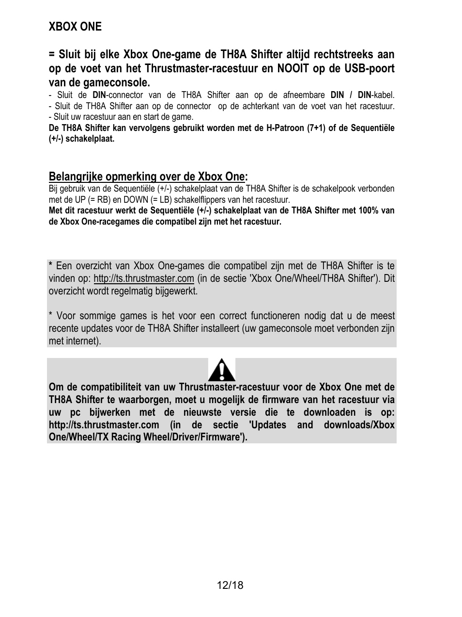 Xbox one, Belangrijke opmerking over de xbox one | Thrustmaster TH8A Shifter User Manual | Page 67 / 217