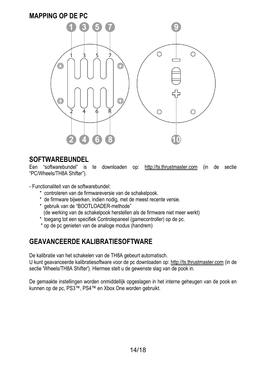 Mapping op de pc, Softwarebundel, Functionaliteit van de softwarebundel | Gebruik van de “bootloader-methode, Op de pc genieten van de analoge modus (handrem), Geavanceerde kalibratiesoftware, Mapping op de pc softwarebundel | Thrustmaster TH8A Shifter User Manual | Page 69 / 217