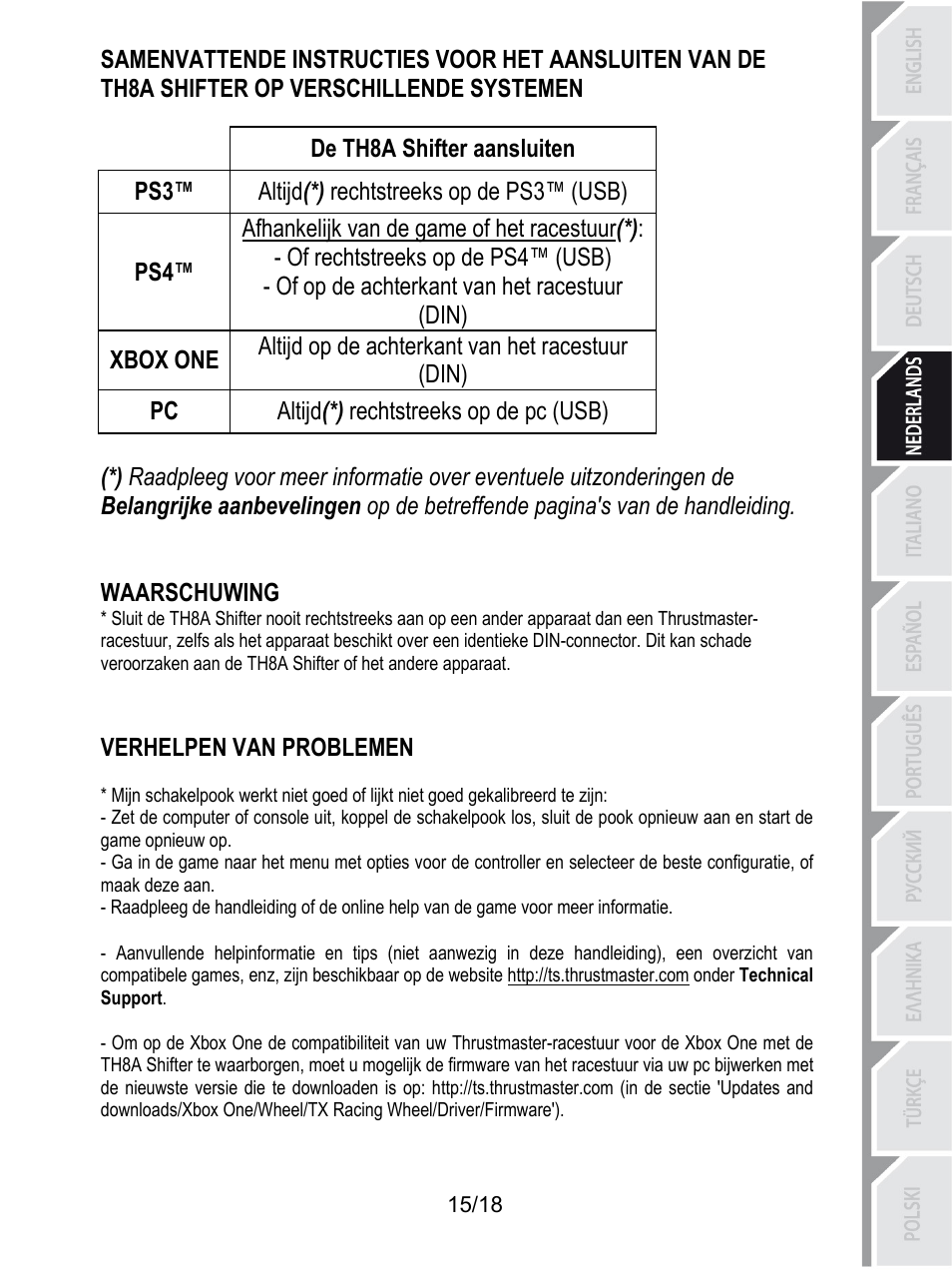 De th8a shifter aansluiten, Altijd(*) rechtstreeks op de ps3™ (usb), Afhankelijk van de game of het racestuur(*) | Of rechtstreeks op de ps4™ (usb), Of op de achterkant van het racestuur (din), Altijd op de achterkant van het racestuur (din), Xbox one, Altijd(*) rechtstreeks op de pc (usb), Waarschuwing, Verhelpen van problemen | Thrustmaster TH8A Shifter User Manual | Page 70 / 217