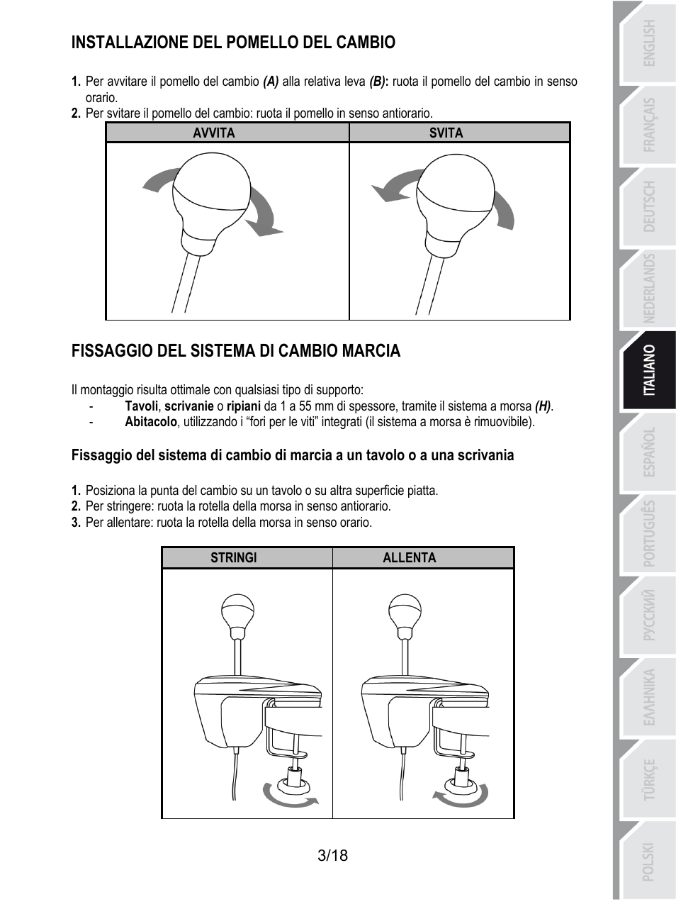 Installazione del pomello del cambio, Svita, Avvita | Fissaggio del sistema di cambio marcia, Allenta, Stringi | Thrustmaster TH8A Shifter User Manual | Page 76 / 217