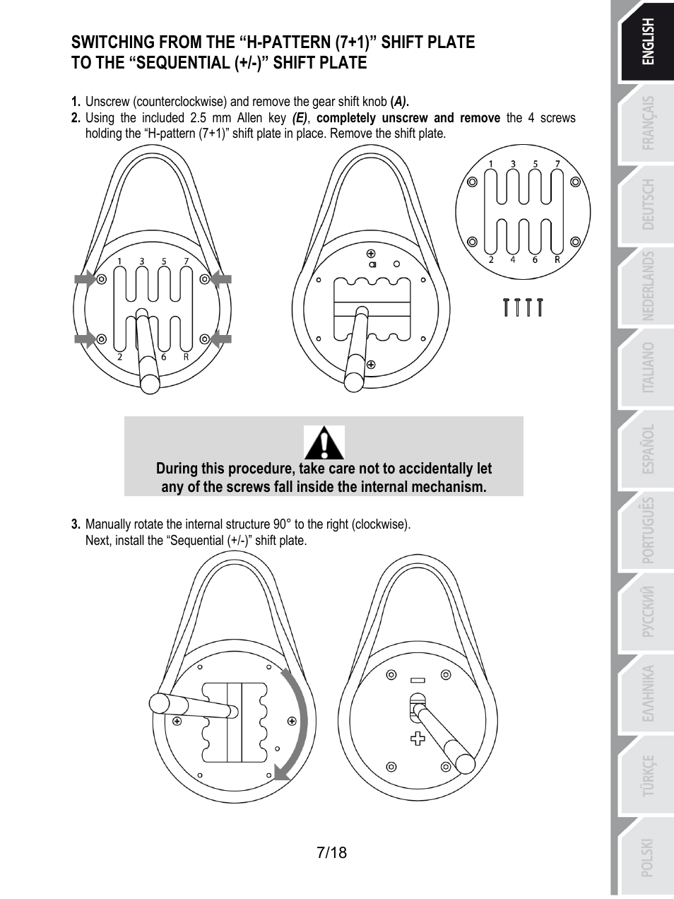 Switching from the “h-pattern (7+1)” shift plate, To the “sequential (+/-)” shift plate, Next, install the “sequential (+/-)” shift plate | Thrustmaster TH8A Shifter User Manual | Page 8 / 217