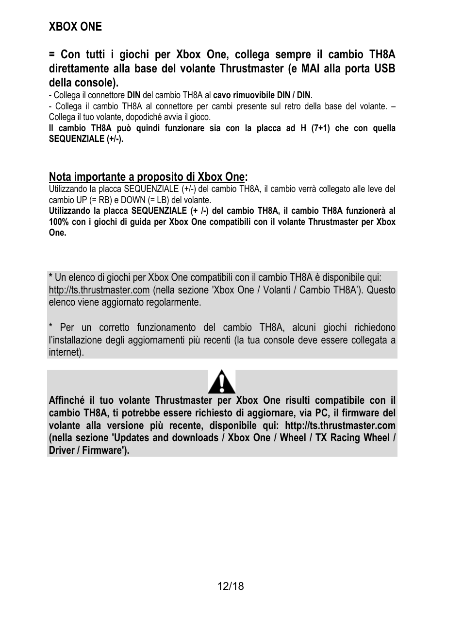 Xbox one, Nota importante a proposito di xbox one | Thrustmaster TH8A Shifter User Manual | Page 85 / 217