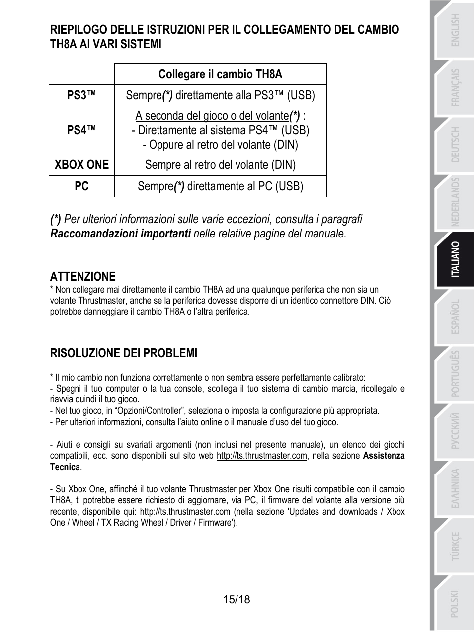 Collegare il cambio th8a, Sempre(*) direttamente alla ps3™ (usb), A seconda del gioco o del volante(*) | Direttamente al sistema ps4™ (usb), Oppure al retro del volante (din), Sempre al retro del volante (din), Xbox one, Sempre(*) direttamente al pc (usb), Attenzione, Risoluzione dei problemi | Thrustmaster TH8A Shifter User Manual | Page 88 / 217