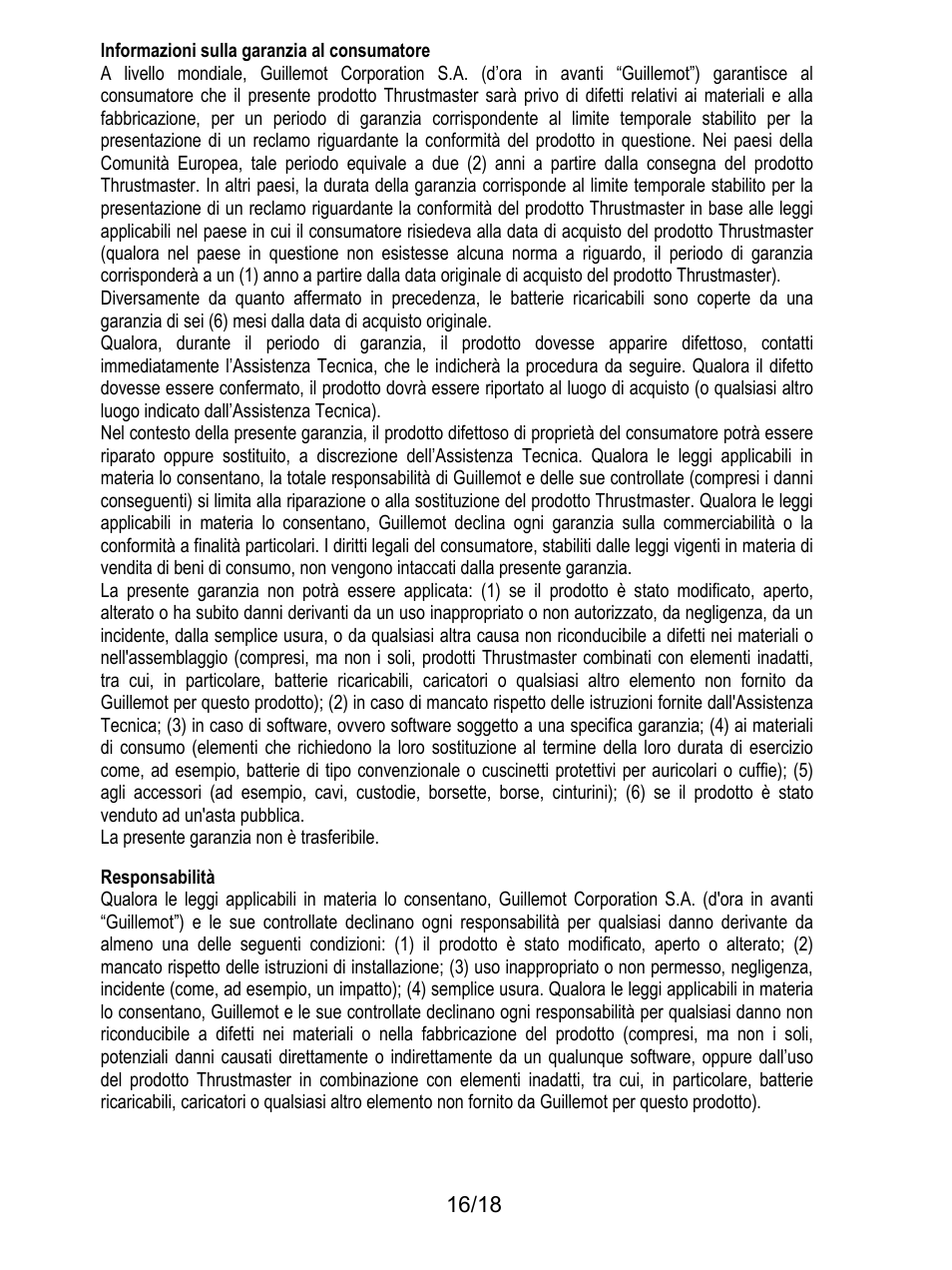 202bresponsabilità, Informazioni sulla garanzia al consumatore, La presente garanzia non è trasferibile | Responsabilità | Thrustmaster TH8A Shifter User Manual | Page 89 / 217