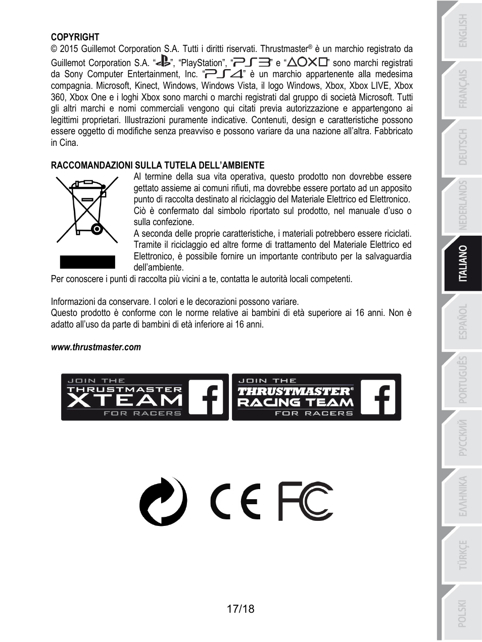 205braccomandazioni sulla tutela dell’ambiente, Copyright, Raccomandazioni sulla tutela dell’ambiente | Www.thrustmaster.com | Thrustmaster TH8A Shifter User Manual | Page 90 / 217