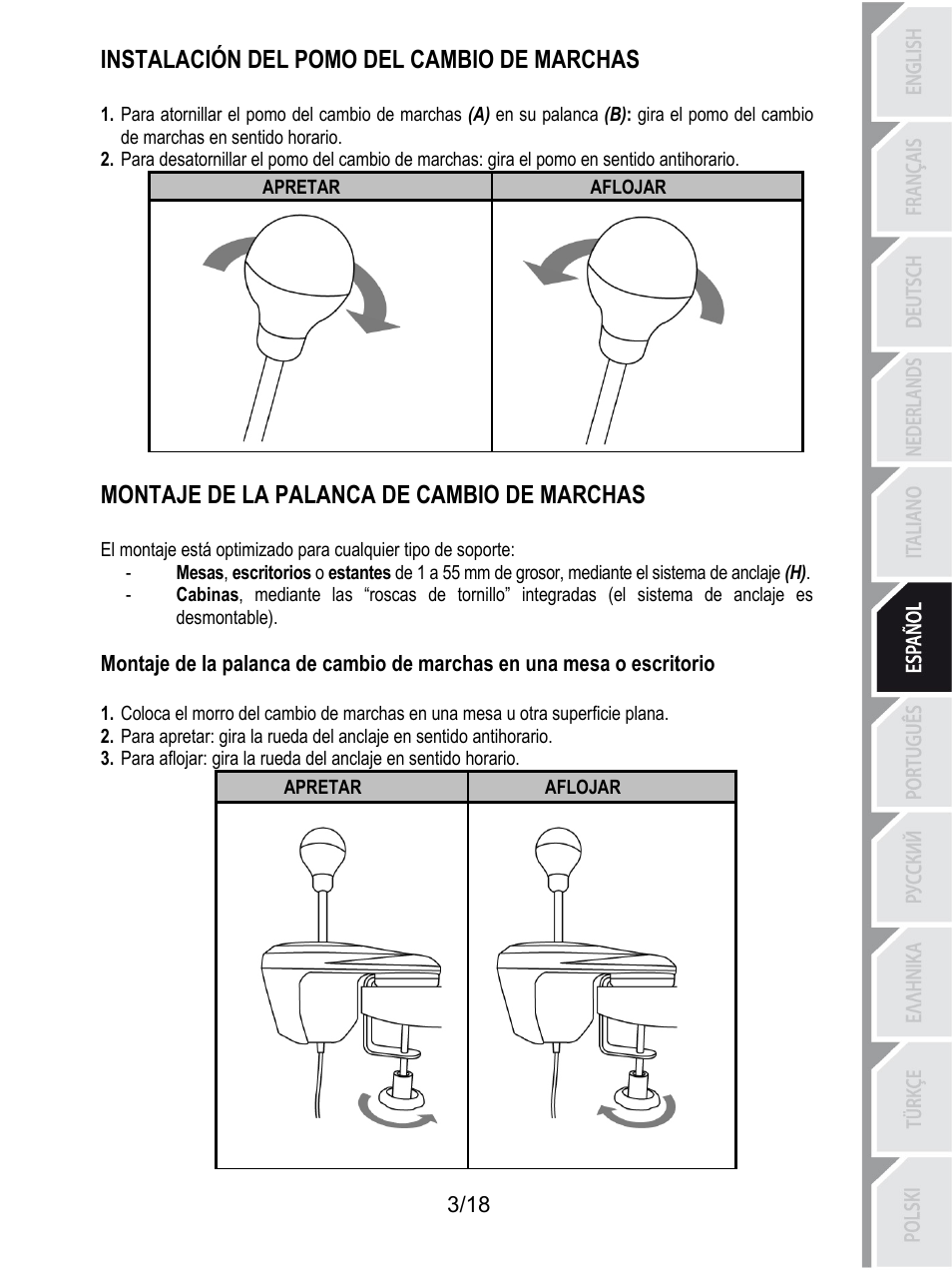 Instalación del pomo del cambio de marchas, Aflojar, Apretar | Montaje de la palanca de cambio de marchas | Thrustmaster TH8A Shifter User Manual | Page 94 / 217