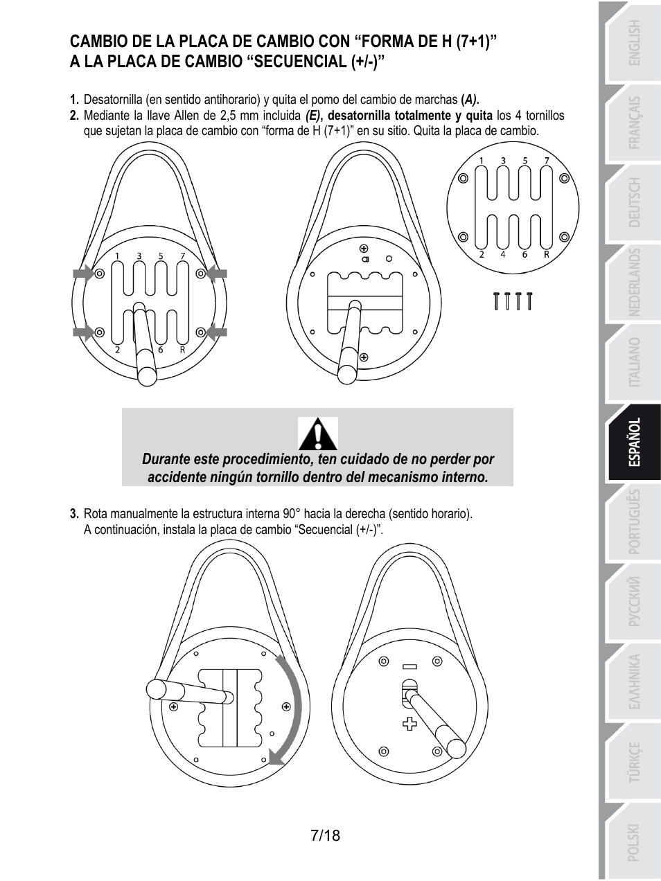 Cambio de la placa de cambio con “forma de h (7+1), A la placa de cambio “secuencial (+/-) | Thrustmaster TH8A Shifter User Manual | Page 98 / 217