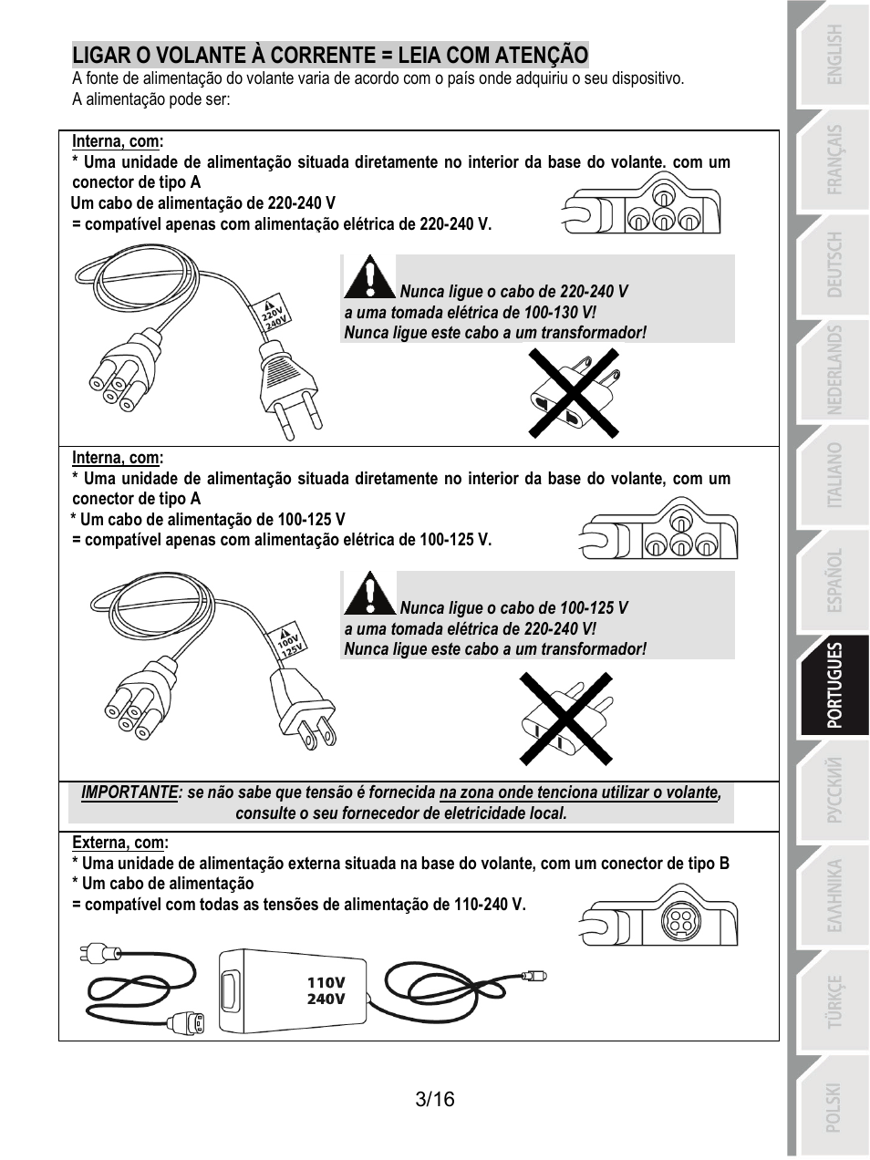 Ligar o volante à corrente = leia com atenção | Thrustmaster TX Racing Wheel User Manual | Page 100 / 209