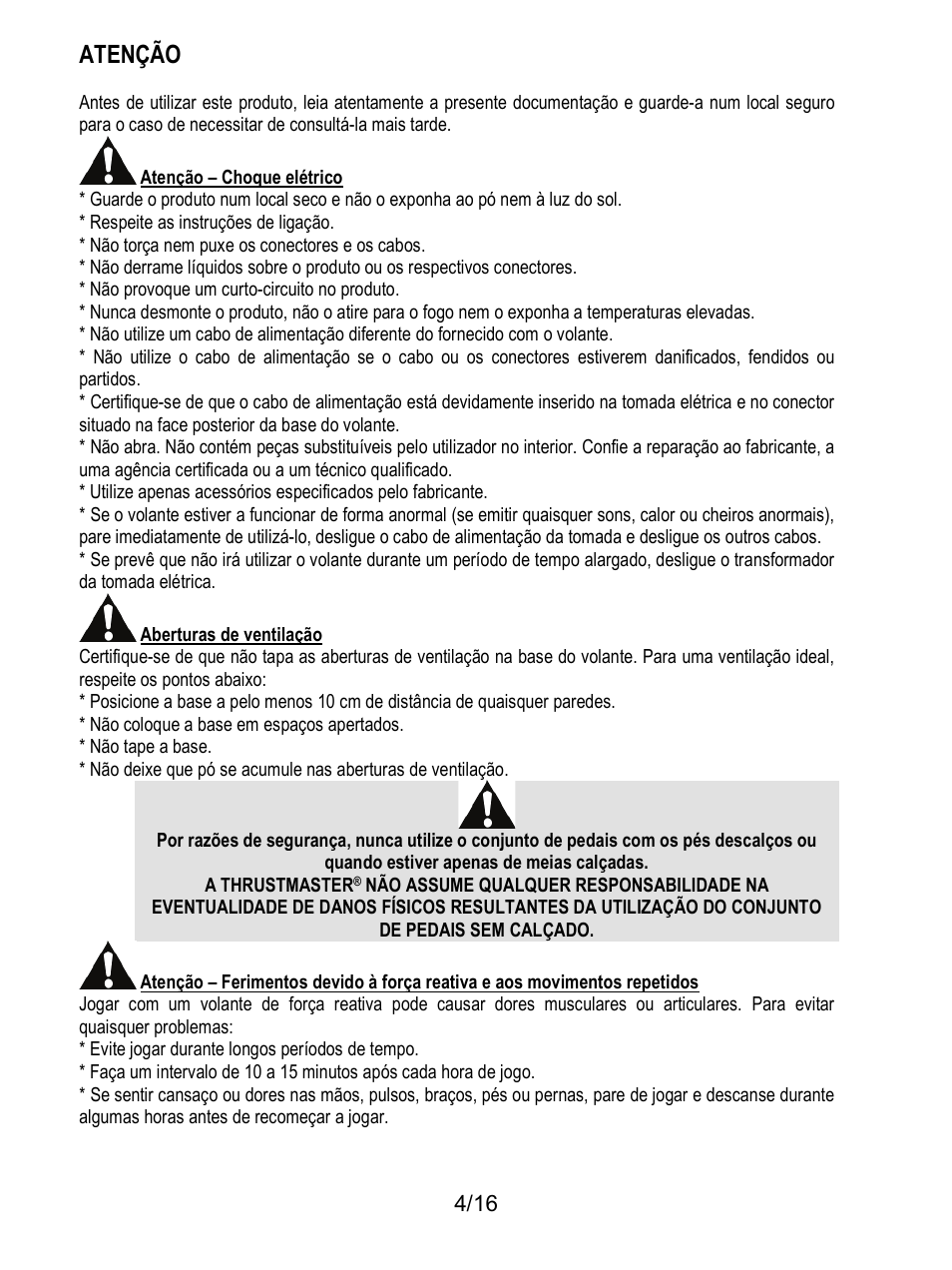 Atenção | Thrustmaster TX Racing Wheel User Manual | Page 101 / 209