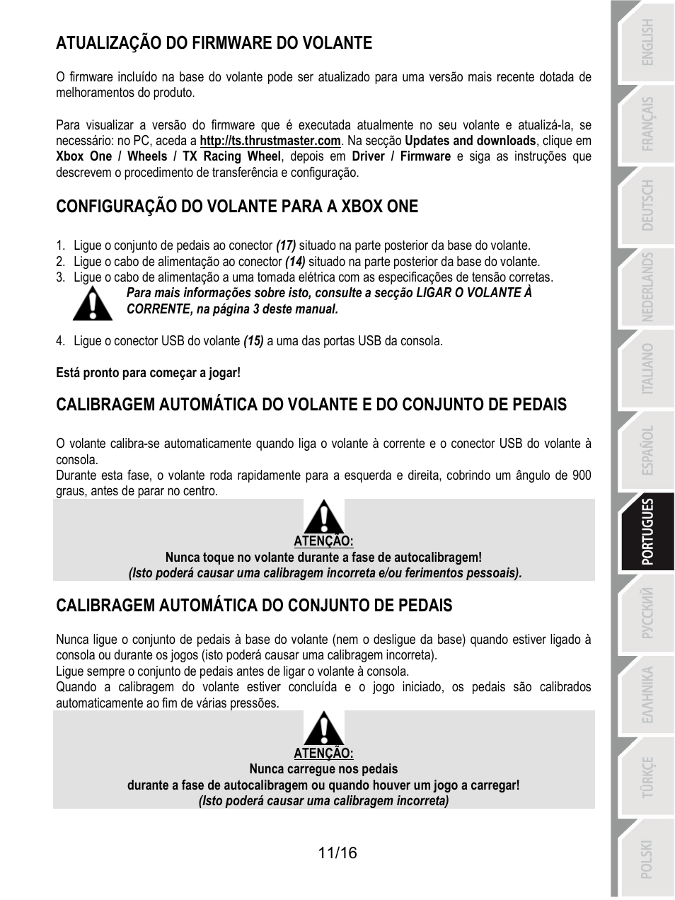 Configuração do volante para a xbox one, Atualização do firmware do volante, Calibragem automática do conjunto de pedais | Thrustmaster TX Racing Wheel User Manual | Page 108 / 209