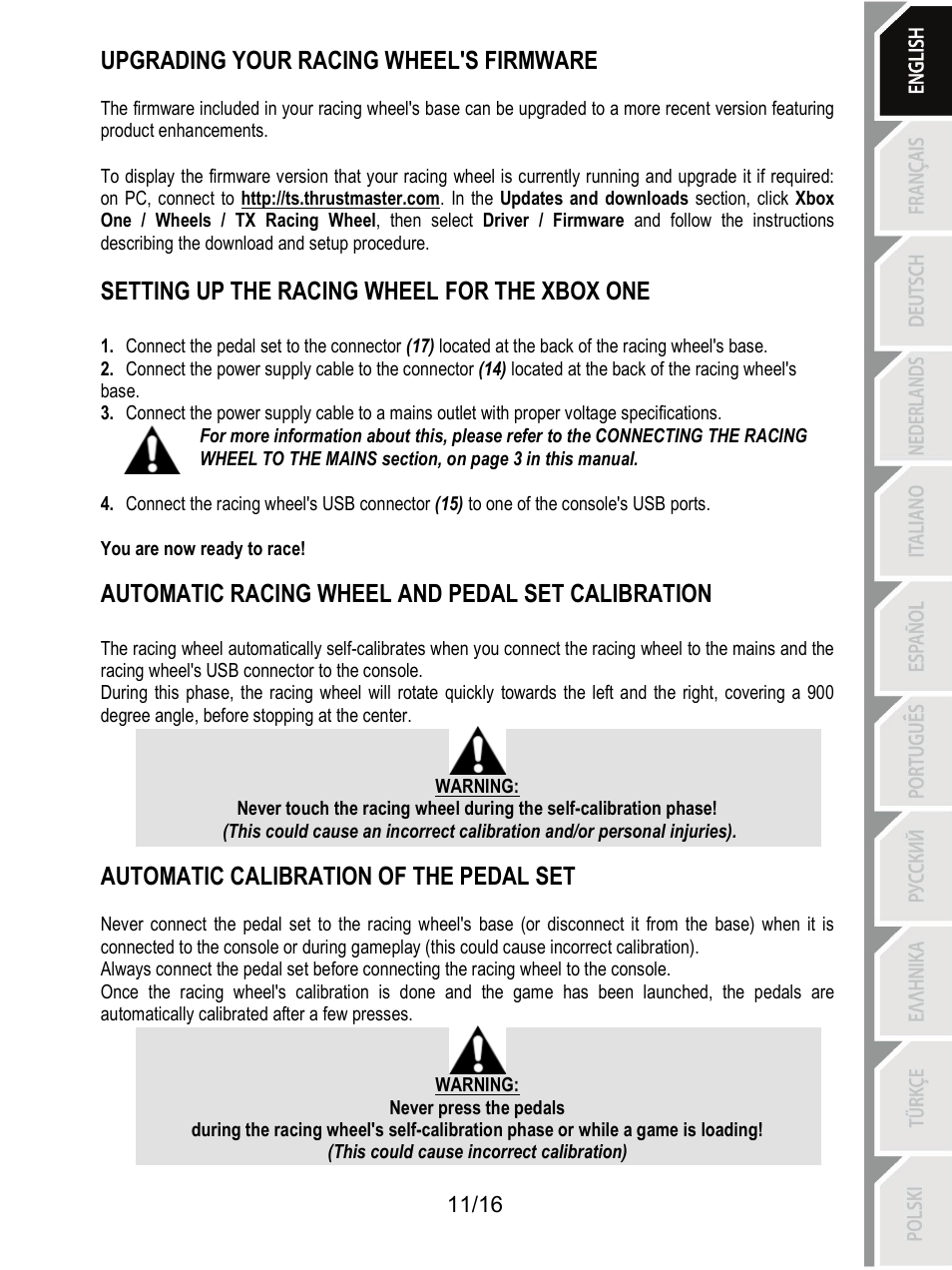 Setting up the racing wheel for the xbox one, Automatic racing wheel and pedal set calibration, Upgrading your racing wheel's firmware | Automatic calibration of the pedal set | Thrustmaster TX Racing Wheel User Manual | Page 12 / 209