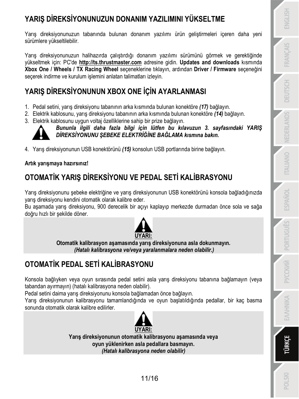 Yariş direksiyonunun xbox one için ayarlanmasi, Otomatik pedal seti kalibrasyonu | Thrustmaster TX Racing Wheel User Manual | Page 156 / 209