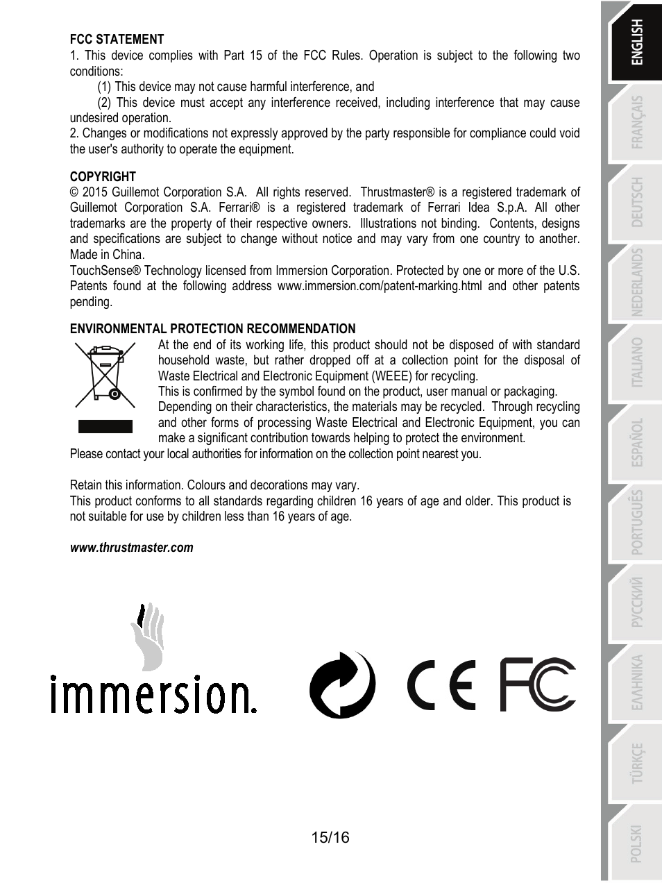 Thrustmaster TX Racing Wheel User Manual | Page 16 / 209