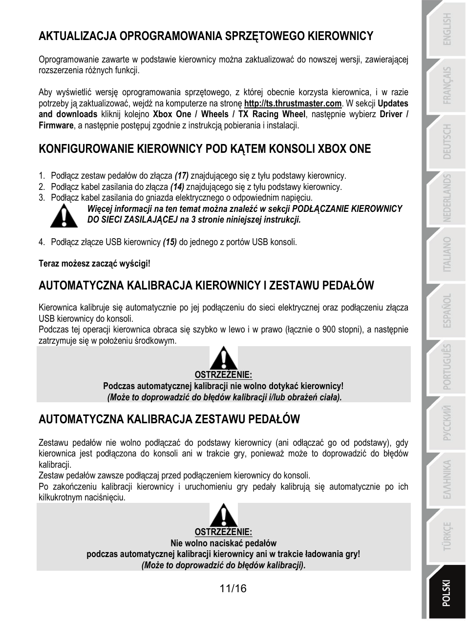 Aktualizacja oprogramowania sprzętowego kierownicy, Automatyczna kalibracja zestawu pedałów | Thrustmaster TX Racing Wheel User Manual | Page 172 / 209