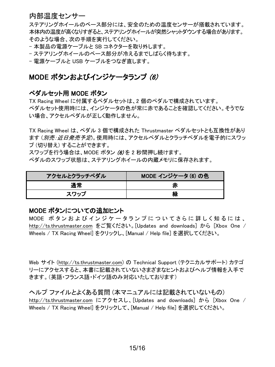 内部温度センサー, Mode ボタンおよびインジケータランプ | Thrustmaster TX Racing Wheel User Manual | Page 208 / 209