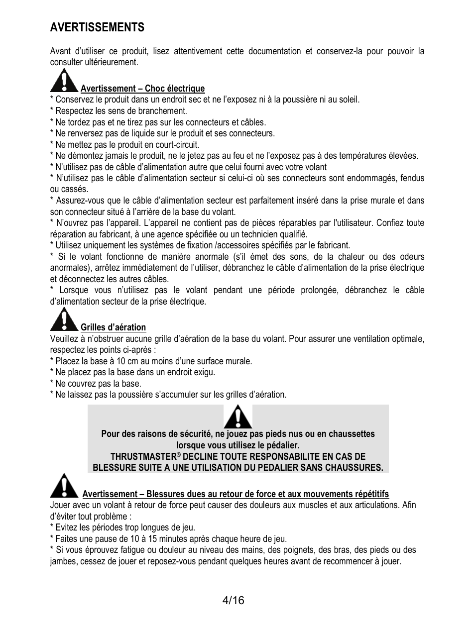 Avertissements | Thrustmaster TX Racing Wheel User Manual | Page 21 / 209