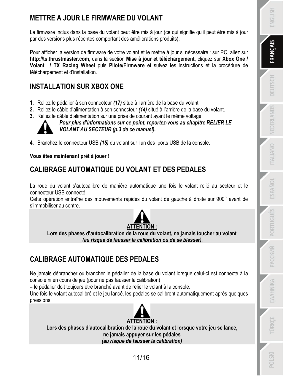 Installation sur xbox one, Calibrage automatique du volant et des pedales, Mettre a jour le firmware du volant | Calibrage automatique des pedales | Thrustmaster TX Racing Wheel User Manual | Page 28 / 209