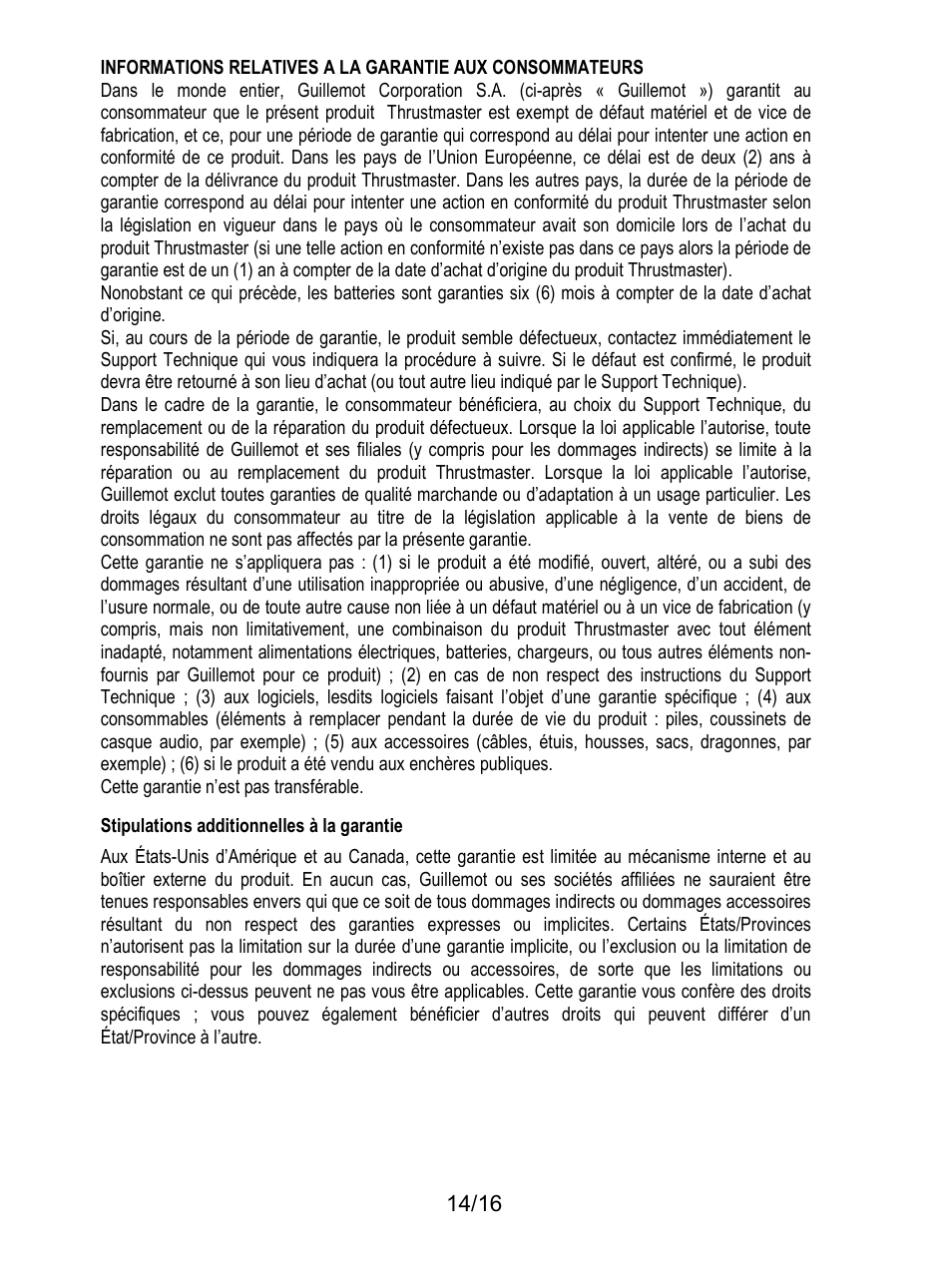 Stipulations additionnelles à la garantie | Thrustmaster TX Racing Wheel User Manual | Page 31 / 209