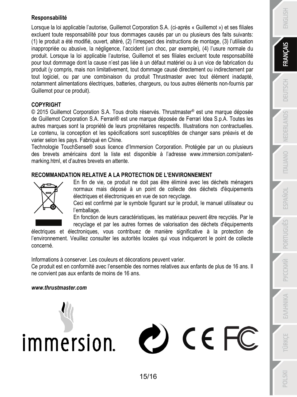 Responsabilité | Thrustmaster TX Racing Wheel User Manual | Page 32 / 209