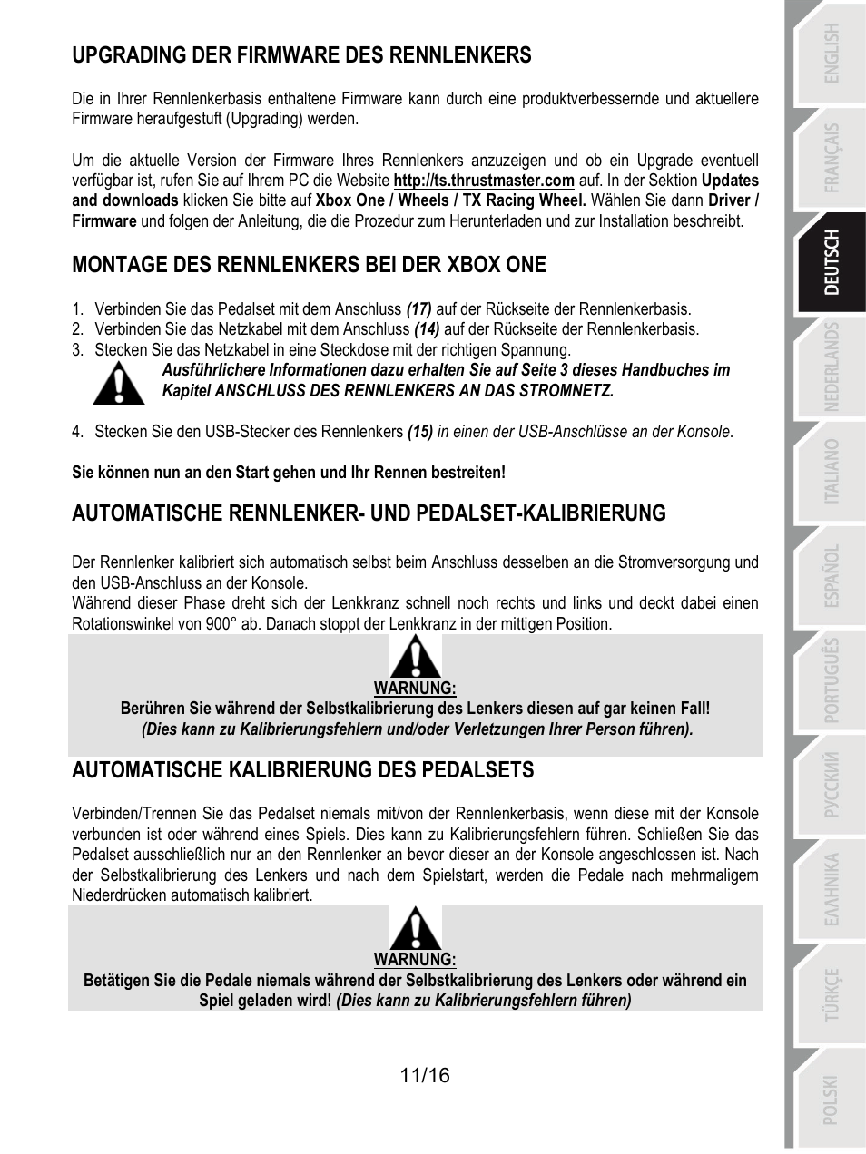 Montage des rennlenkers bei der xbox one, Automatische rennlenker- und pedalset-kalibrierung, Upgrading der firmware des rennlenkers | Montage des rennlenkers bei der, Xbox one, Automatische kalibrierung des pedalsets | Thrustmaster TX Racing Wheel User Manual | Page 44 / 209