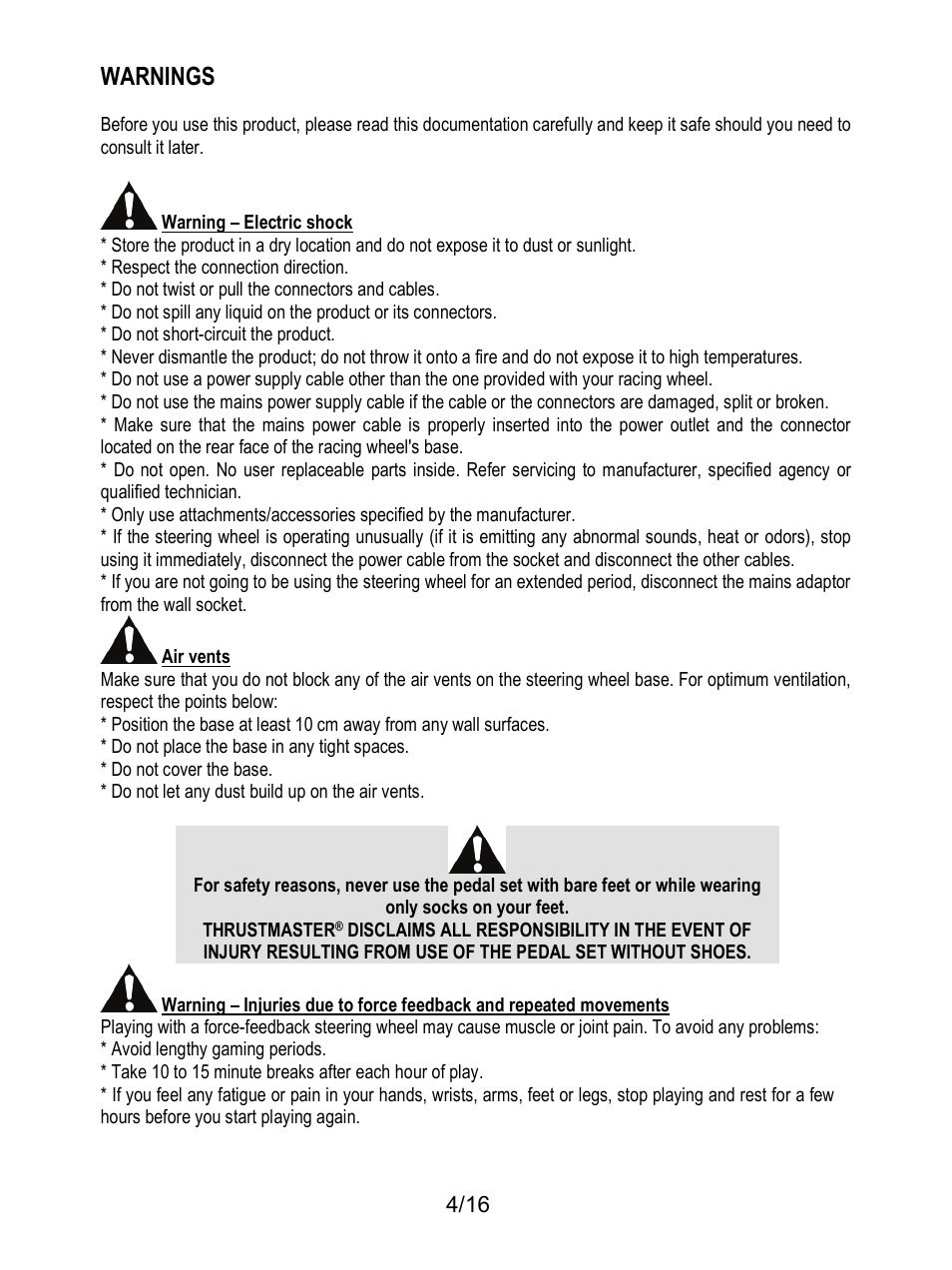 Warnings | Thrustmaster TX Racing Wheel User Manual | Page 5 / 209