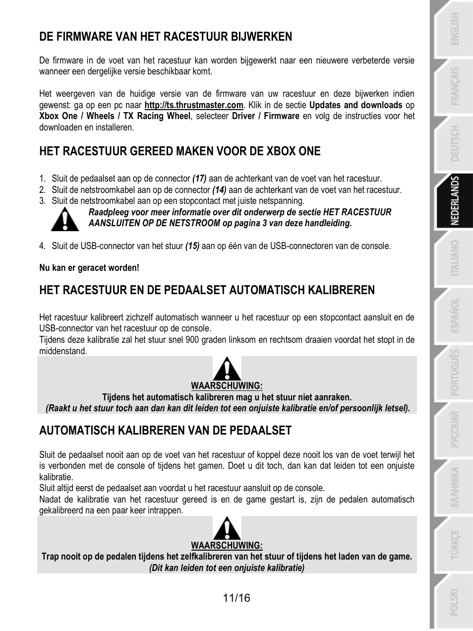Het racestuur gereed maken voor de xbox one, De firmware van het racestuur bijwerken, Automatisch kalibreren van de pedaalset | Thrustmaster TX Racing Wheel User Manual | Page 60 / 209