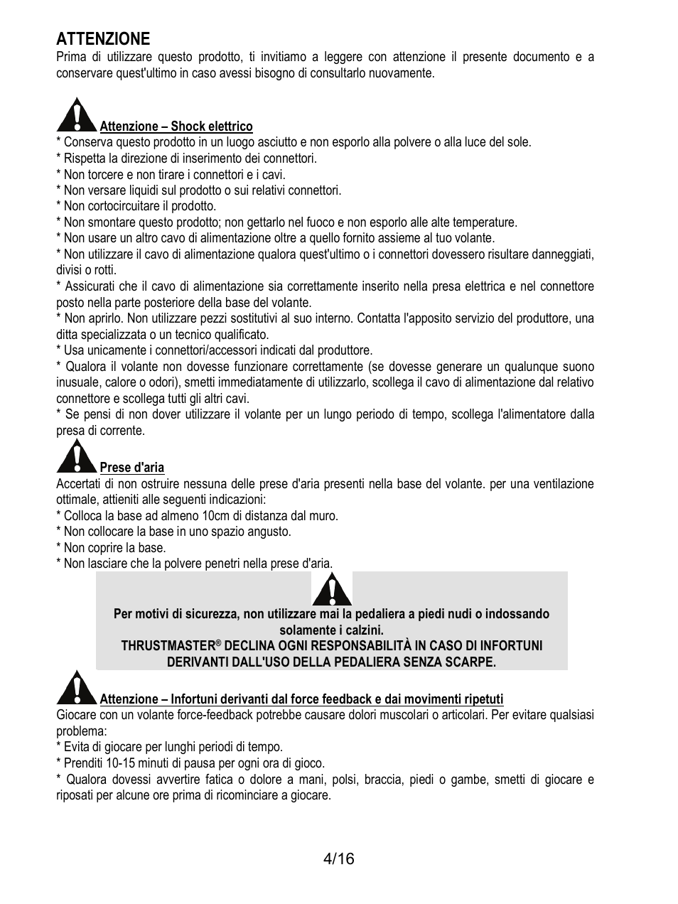 Attenzione | Thrustmaster TX Racing Wheel User Manual | Page 69 / 209