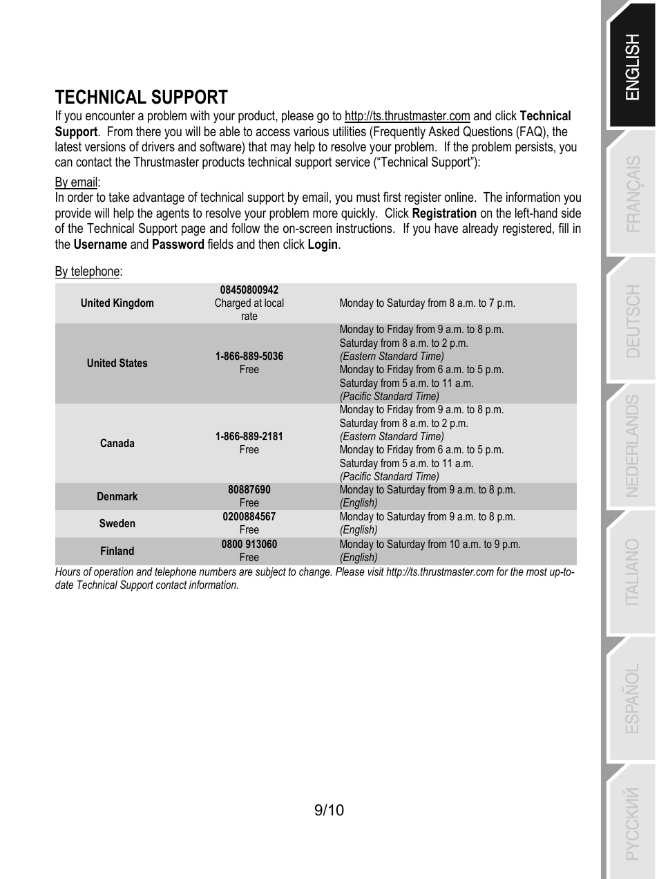 Technical support | Thrustmaster Universal Challenge 5-in-1 User Manual | Page 10 / 82