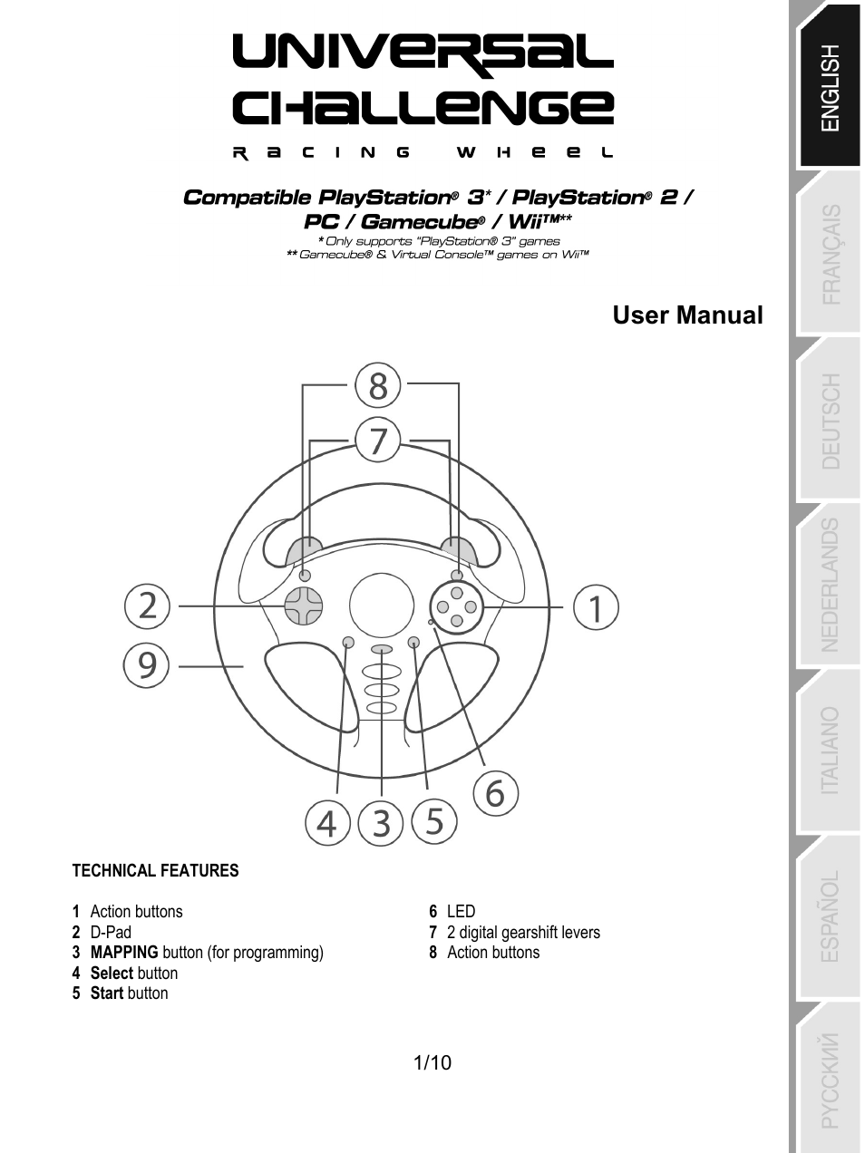 01_eng_universal challenge 5-in-1, Technical features, User manual | Thrustmaster Universal Challenge 5-in-1 User Manual | Page 2 / 82