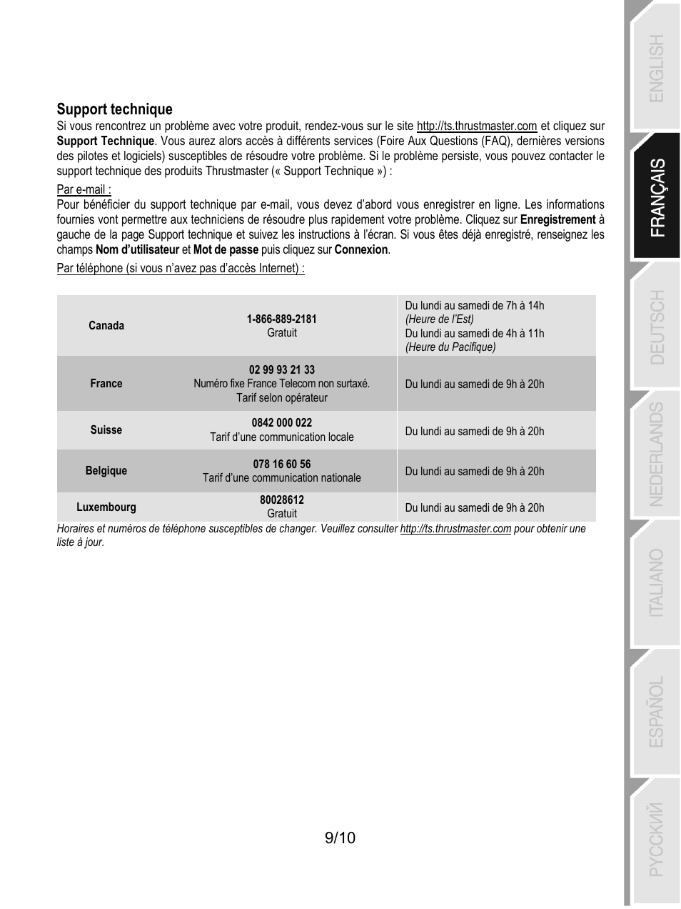 9/10 support technique | Thrustmaster Universal Challenge 5-in-1 User Manual | Page 20 / 82