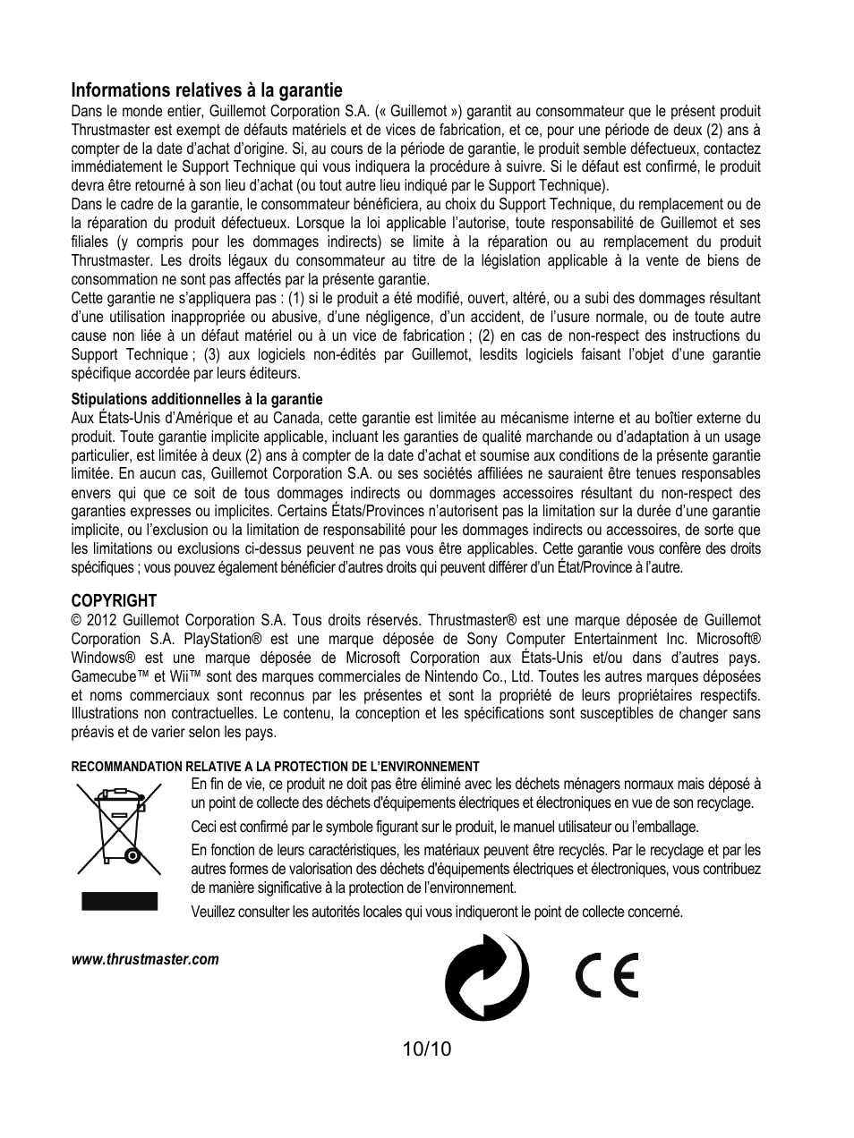 Stipulations additionnelles à la garantie, 10/10 informations relatives à la garantie | Thrustmaster Universal Challenge 5-in-1 User Manual | Page 21 / 82