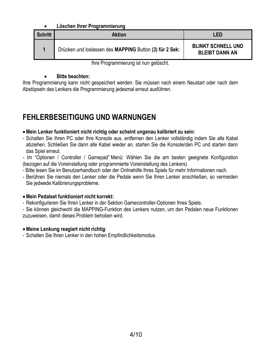 Fehlerbeseitigung und warnungen | Thrustmaster Universal Challenge 5-in-1 User Manual | Page 25 / 82