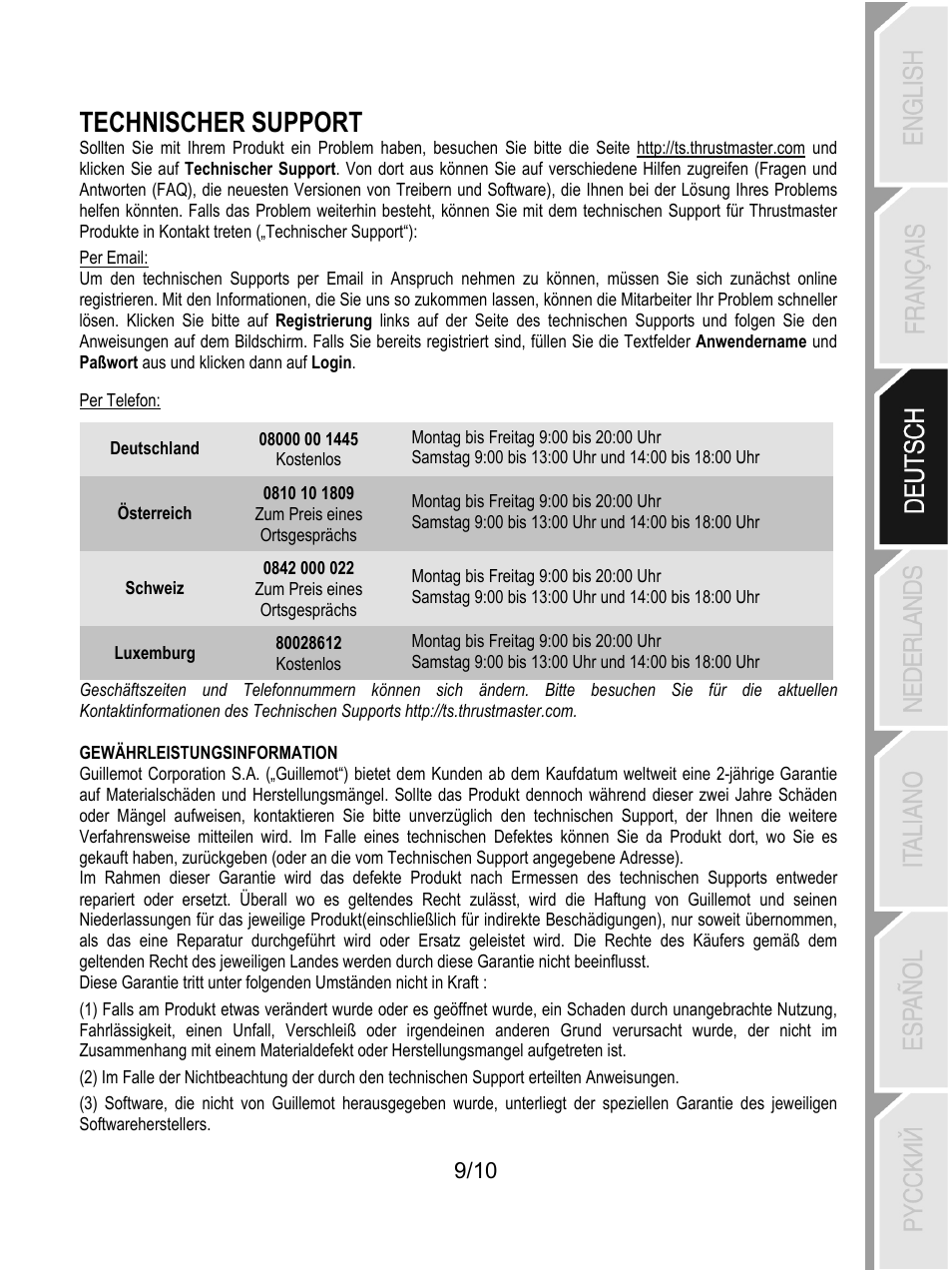 Gewährleistungsinformation, Technischer support | Thrustmaster Universal Challenge 5-in-1 User Manual | Page 30 / 82