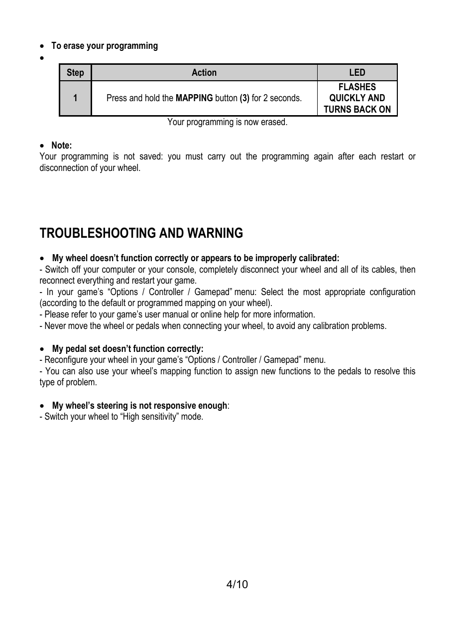 Troubleshooting and warning | Thrustmaster Universal Challenge 5-in-1 User Manual | Page 5 / 82