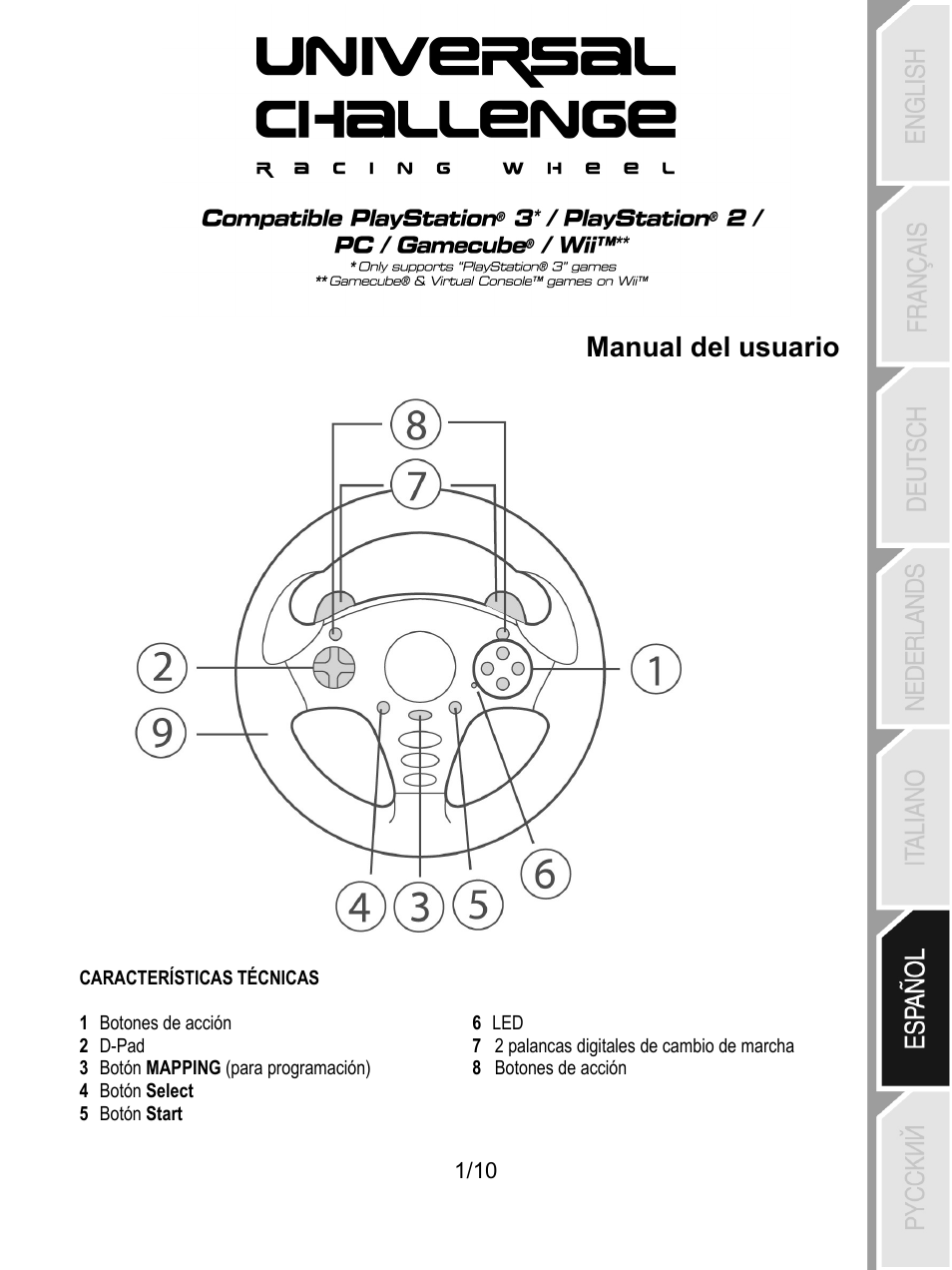 06_spa_universal challenge 5-in-1, Características técnicas, Manual del usuario | Thrustmaster Universal Challenge 5-in-1 User Manual | Page 52 / 82