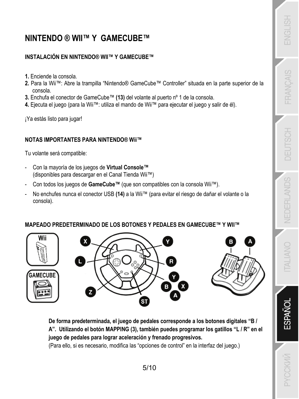 Nintendo ® wii™ y gamecube | Thrustmaster Universal Challenge 5-in-1 User Manual | Page 56 / 82