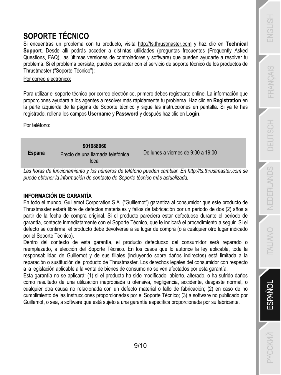 Soporte técnico | Thrustmaster Universal Challenge 5-in-1 User Manual | Page 60 / 82